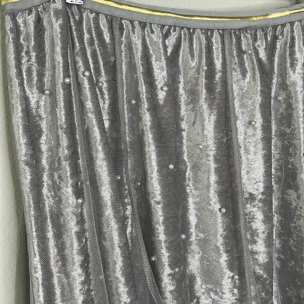 RAGA Anthropologie Velvet Midi Skirt w/Pearl Detail & Tulle Overlay Gray Size 1X